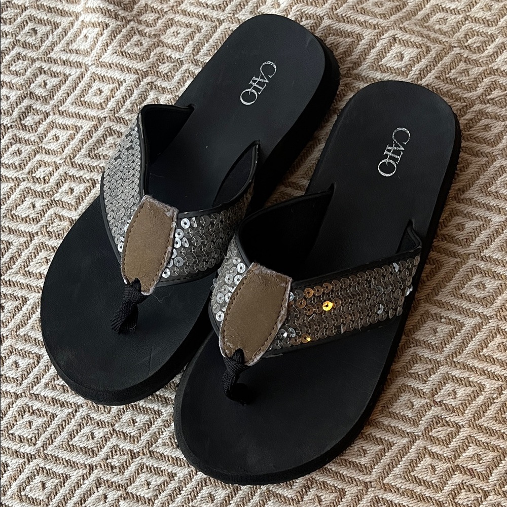 Cato Black and Silver Sequin Flip Flops